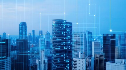 Obraz premium Futuristic Smart City with Dynamic Data Overlays, vibrant urban landscape, integrated technology, seamless connectivity, innovative architecture, digital information flow