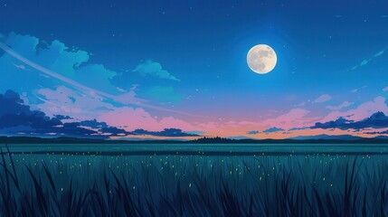 Moonlit Meadow in Anime A serene field illuminated by soft moonlight, featuring whimsical flora and gentle shadows, capturing a tranquil night scene in vibrant anime artistry.