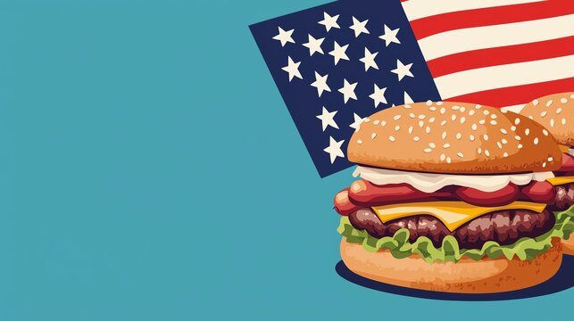 Delicious burger with cheese and toppings against an American flag background, perfect for food enthusiasts and patriotic themes.