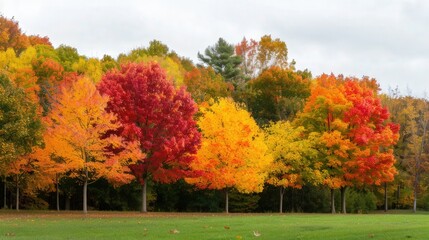 Naklejka premium Autumn's Embrace, vibrant trees draped in rich reds and golds, serene landscape capturing the essence of the season, inviting tranquility and reflection.