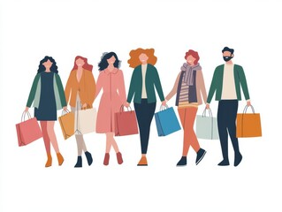 Obraz premium Group of people shopping, carrying bags, white background, flat design illustration
