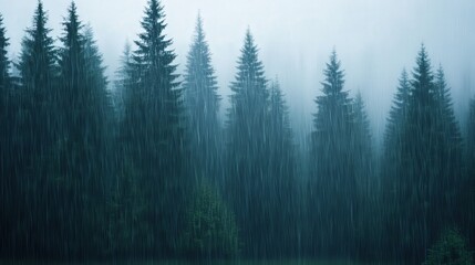 Fototapeta premium Misty Forest Rainfall, gentle rain cascades through a dense, fog-laden forest, creating a serene atmosphere with shimmering droplets on lush green foliage.