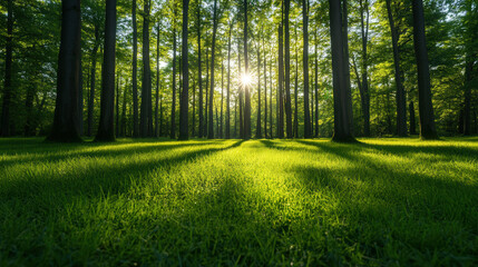 Fototapeta premium Lush Green Haven, a serene landscape featuring majestic trees surrounding a vibrant clearing bathed in warm sunlight, inviting tranquility and connection with nature.