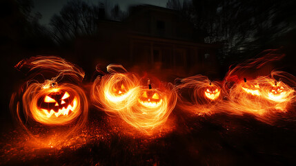 Obraz premium Light painting of scary pumpkins with burning hair and glowing orange eyes, dancing in the yard at night, long exposure