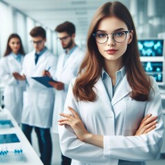 Beautiful, young and determined female scientist wearing a white coat and glasses in the modern, technological and cutting-edge medical science laboratory, with a team of young international specialis