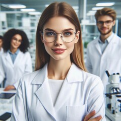 Beautiful, young and determined female scientist wearing a white coat and glasses in the modern, technological and cutting-edge medical science laboratory, with a team of young international specialis