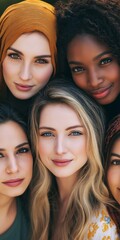 Fototapeta premium A group of women with different hair colors and styles are smiling for a photo. Scene is happy and friendly, as the women are posing together and enjoying each other's company