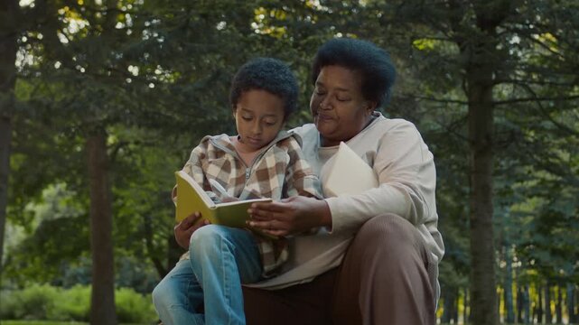 Medium shot of African American grandmother spending time with junior grandson in verdant forest, drawing or writing in notebook while having rest