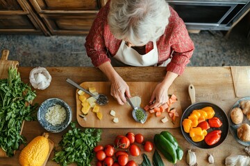 Vibrant Culinary Exploration: Elderly Woman Learning Cooking Techniques in Colorful Class, Overhead View