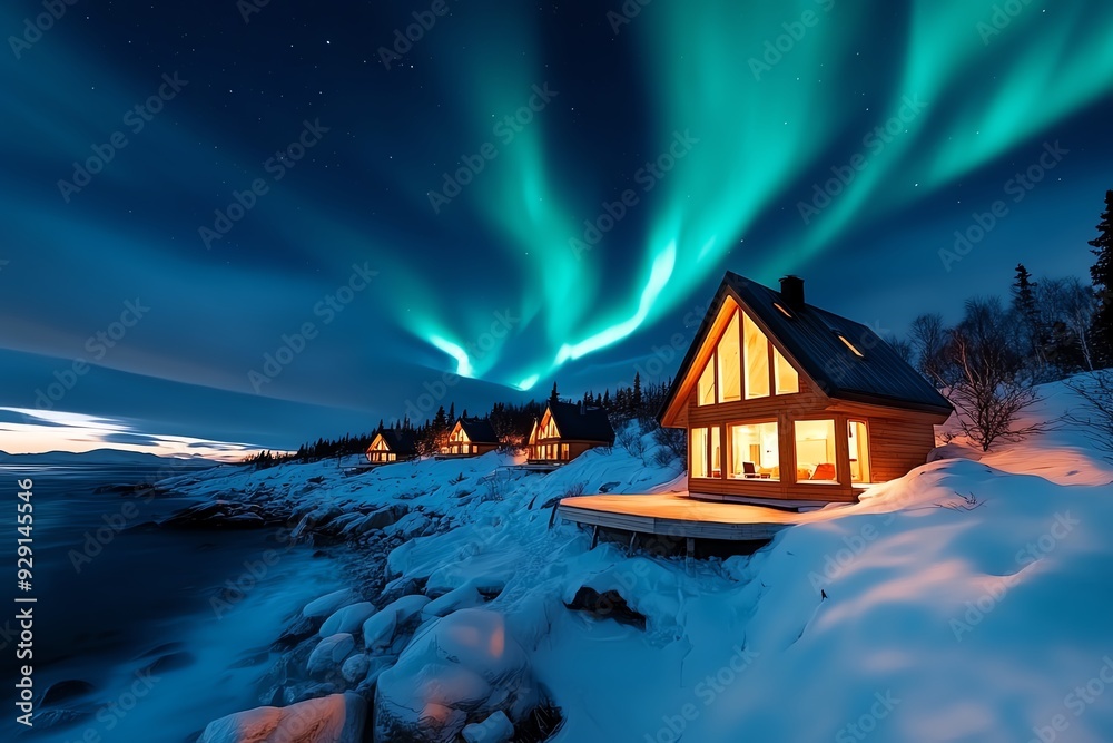 Poster A row of cozy cabins illuminated against a breathtaking backdrop of the aurora borealis dancing over a snowy shoreline.