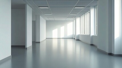 Fototapeta premium Empty Office Potential: A sunlit, spacious open plan office awaits its occupants, emanating a sense of possibility and promise. 