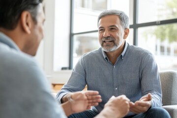 Fototapeta premium Elderly man participating in a lively language exchange program, chatting with a partner in a well-lit room