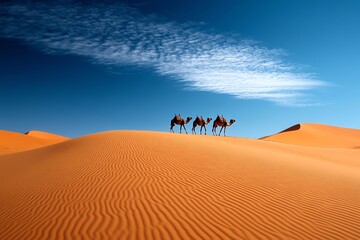 A serene desert landscape featuring camels walking across golden dunes under a clear blue sky with scattered clouds.
