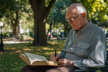 Serene Senior Man Studying Outdoors in Tranquil Park with Open Book on Lap and Natural Light Illuminating Him