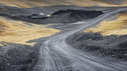 A winding dirt road leads through a rugged landscape of gravel and earth, hinting at ongoing mining activity