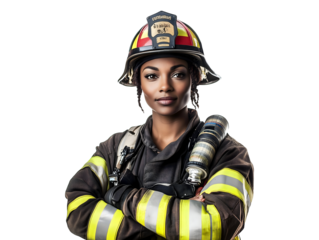 Female firefighter in uniform isolated on transparent or white background