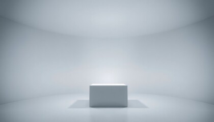 a solitary white cube emits a soft ambient light in a dimly lit space minimalist setting with a focus on the play of light and shadow creating a calm and sophisticated mood