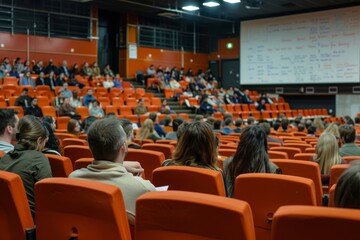 Students participating in a lecture in a large auditorium