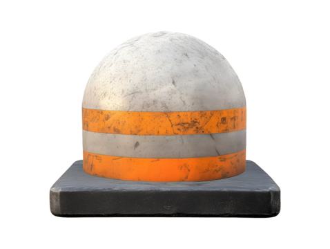 Concrete traffic bollard with orange stripes isolated on transparent or white background