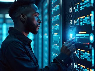 artificial intelligence cyber security threat illustration concept AI banner. Black african american male IT specialist analysing privacy data information leaks in server room technology business