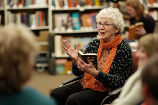 Active Participation: Elderly Woman Engaging in Animated Book Discussion Group, Medium Shot