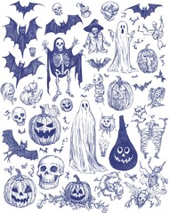 A collection of Halloween-themed illustrations featuring ghosts, skeletons, pumpkins, and bats.
