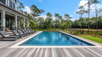 Fototapeta premium A wooden dock in front of swimming pool