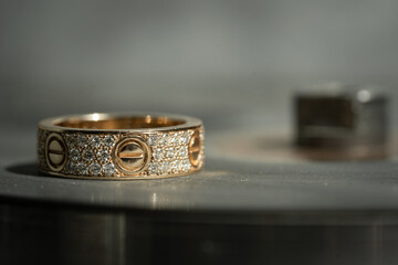 craftsman making diamond ring. hand made jewelery. Put diamond gem ring. diamond ring production craftman workshop. solitaire ring making