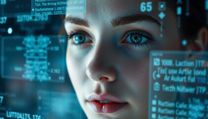 advanced artificial intelligence processing facial features of a woman close-up of her face surrounded by digital data transparent screens displaying algorithmic analysis co