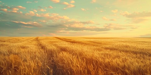 Obraz premium Agricultural field at sunset or sunrise with young golden rye ears under a cloudy sky Rural landscape with vintage film aesthetics
