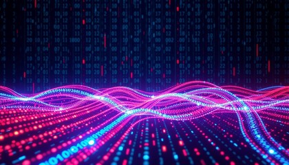 illuminated streams of blue and red binary code flow seamlessly through an abstract digital grid creating a mesmerizing pattern of light and movement against a deep black back