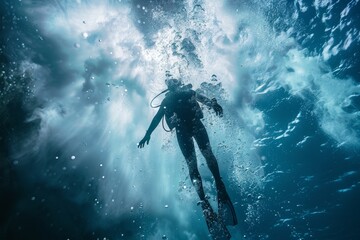 A diver exploring the underwater world beneath crashing ocean waves