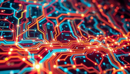 vibrant abstract circuit board with interconnecting neon lines and illuminated data pathways detailed network of circuits and connections glowing nodes scattered throughout