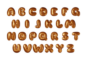 3d bronze metallic alphabet balloon set isolated on white. Render golden font characters. Decorative shiny symbols for banner, cover, holidays, anniversary party or birthday. Vector Illustration