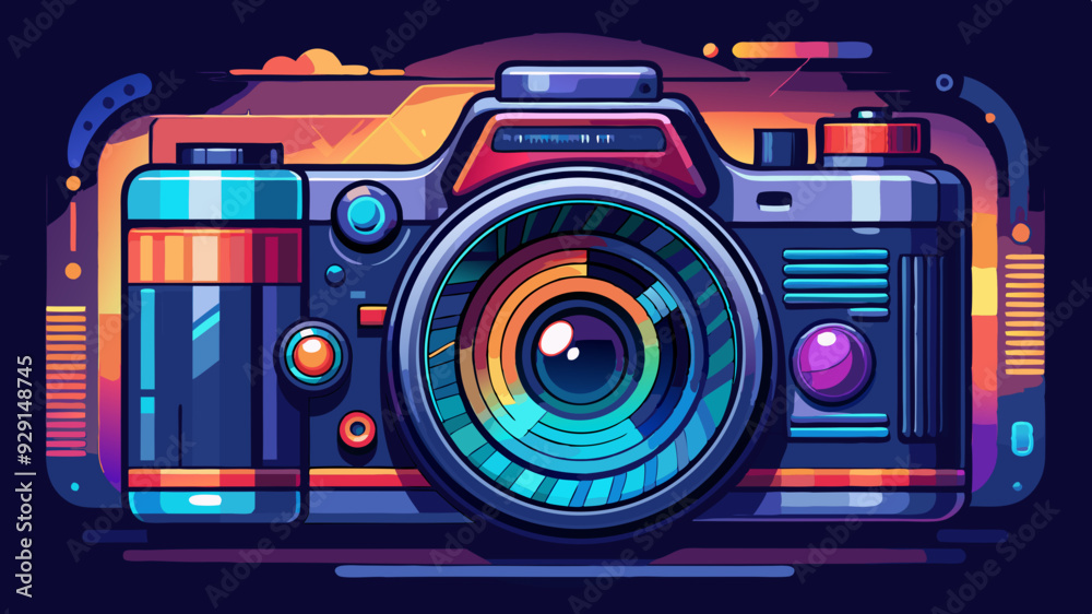 Wall mural a design of a modern digital camera with a zoom lens and a lit display screen