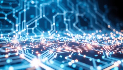 Fototapeta premium futuristic circuit board with intricate network of glowing white and blue data lines interconnected nodes radiating light creating a complex and detailed representation of da