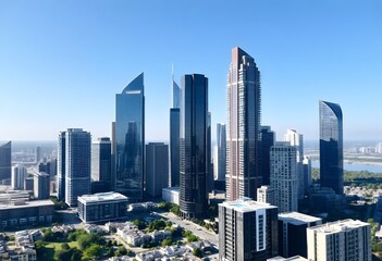 Obraz premium A cityscape with tall modern skyscrapers and buildings against a clear blue sky