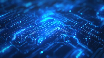 A close-up view of a blue circuit board with intricate patterns and glowing connections.