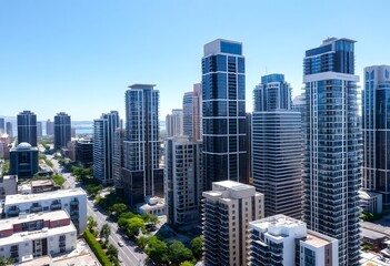 Fototapeta premium A cityscape with tall modern skyscrapers and buildings against a clear blue sky