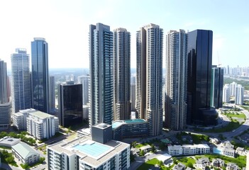 Naklejka premium A cityscape with tall modern skyscrapers and buildings against a clear blue sky