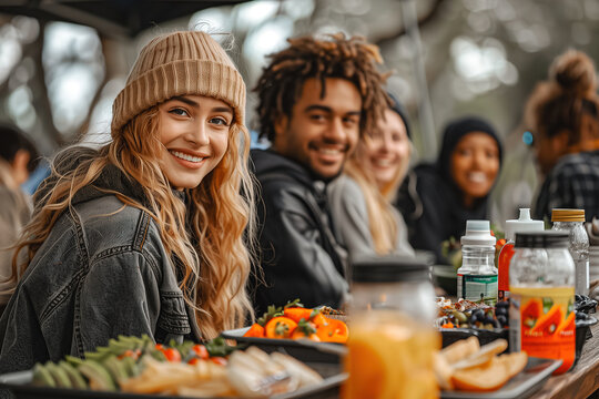 Group of People Sitting at Table With Food