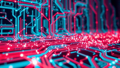 futuristic circuit board with bright red and cyan data pathways intricate network of glowing nodes and intersecting lines forming a visually engaging and detailed representat
