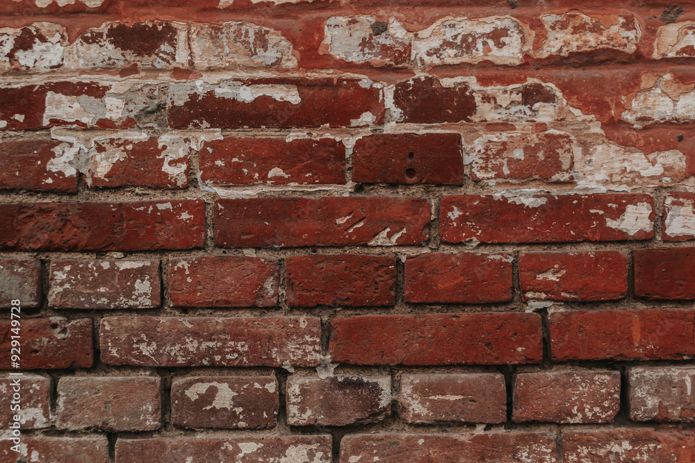 Wall mural A brick wall with white paint peeling off. The wall is red and brown in color. The wall has a rough texture and he is old