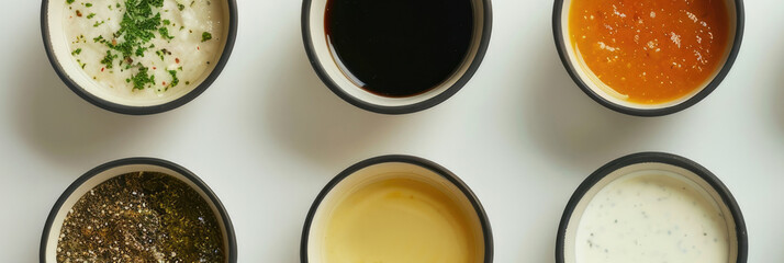 horizontal banner, set of small round saucers with different sauces for meat, fish and fast food, row, top view, white background