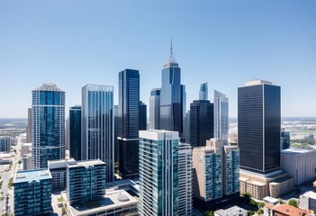 A cityscape with tall modern skyscrapers and buildings against a clear blue sky