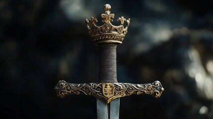 An exquisite and finely detailed sword featuring an ornate handle crowned by a majestic gold crown, symbolizing power, royalty, and historical significance with intricate craftsmanship.