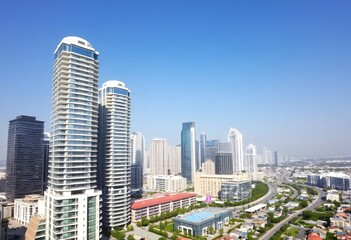 Fototapeta premium A cityscape with tall modern skyscrapers and buildings against a clear blue sky