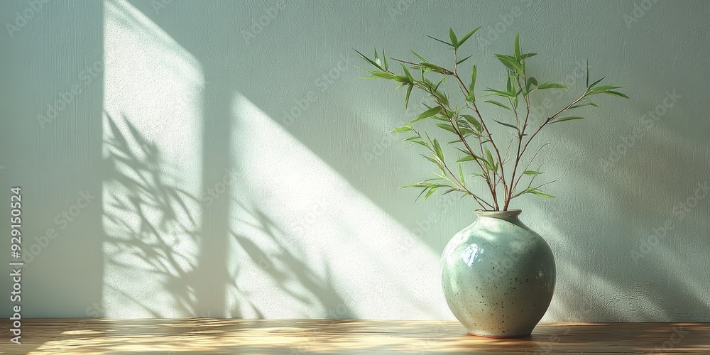 Canvas Prints Green Plant in a Ceramic Vase on a Wooden Table