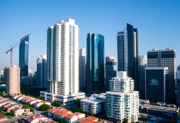 A cityscape with tall modern skyscrapers and buildings against a clear blue sky
