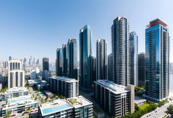 Naklejka premium A cityscape with tall modern skyscrapers and buildings against a clear blue sky